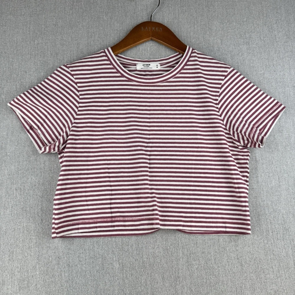 Cotton On Micro Crop Baby Tee Women Medium Burgundy White Striped Fitted Top Y2K